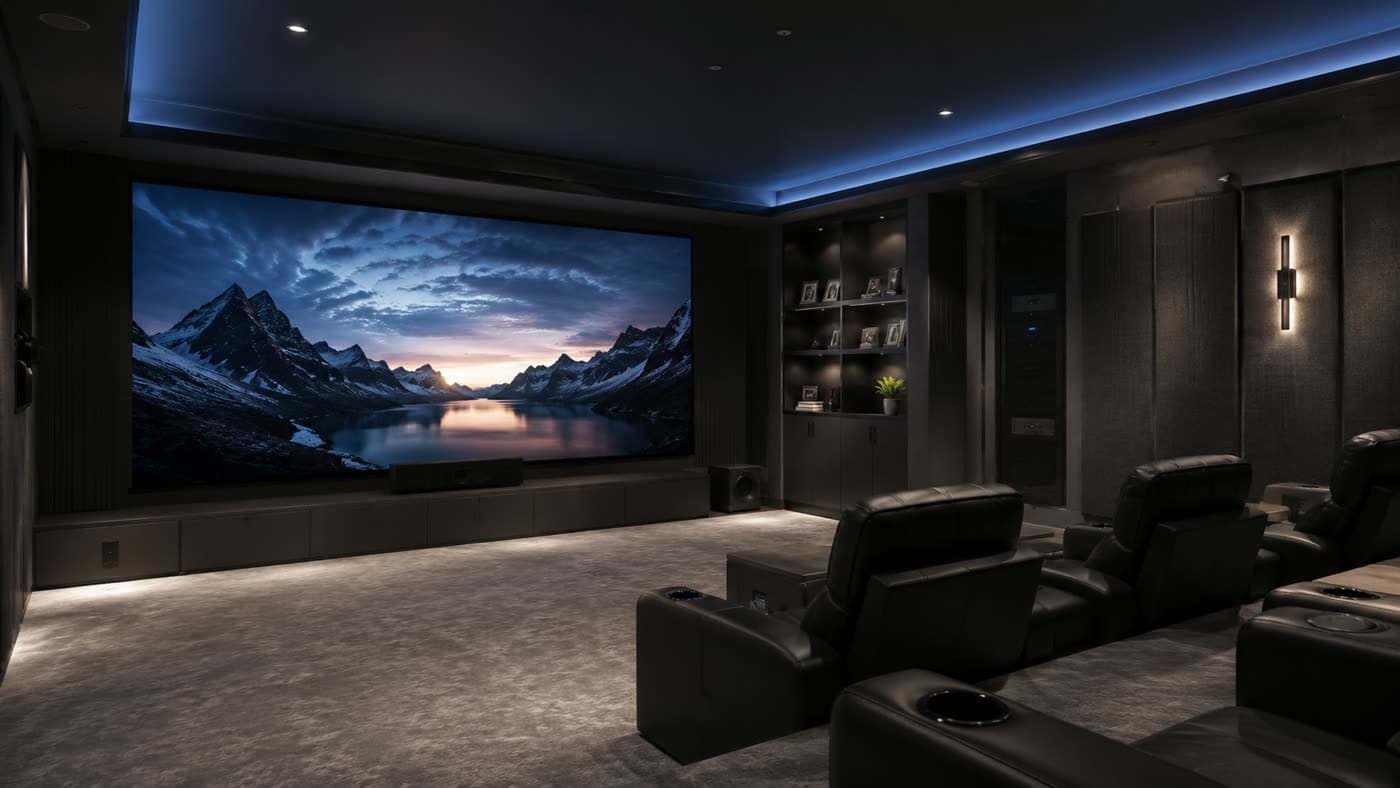 A dedicated home cinema with tiered leather seating and a large screen