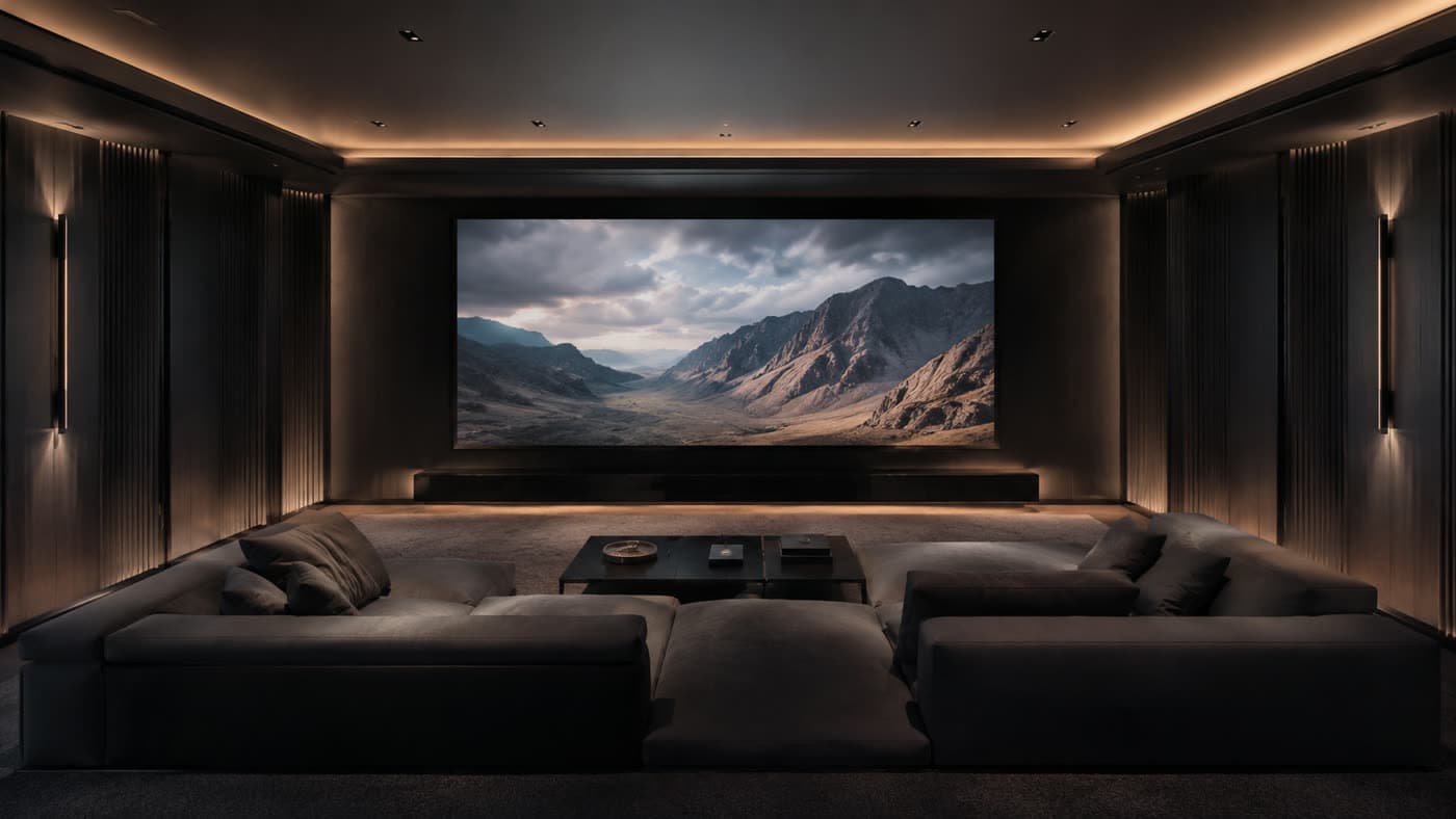 A private cinema with a calibrated screen and tiered seating