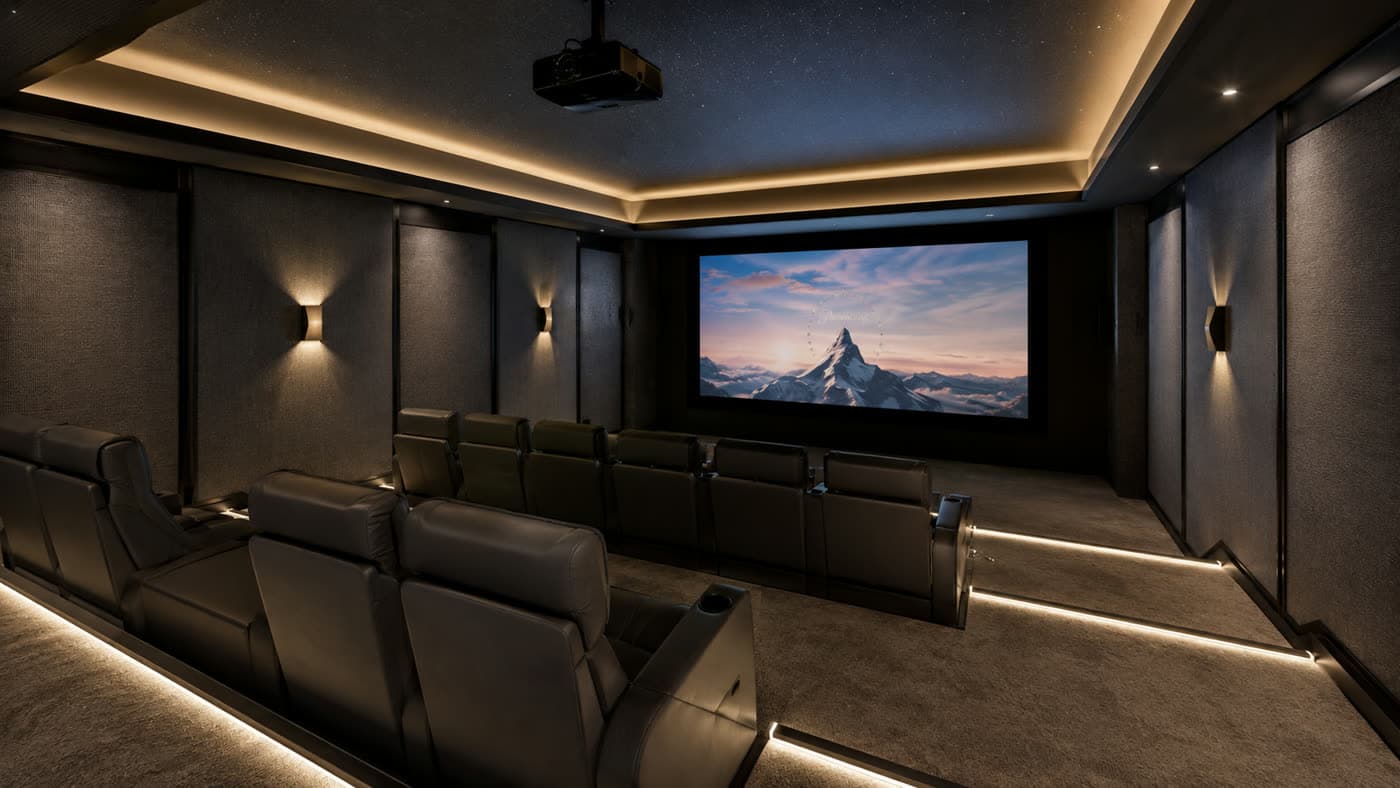 A darkened cinema room engineered for contrast and immersion