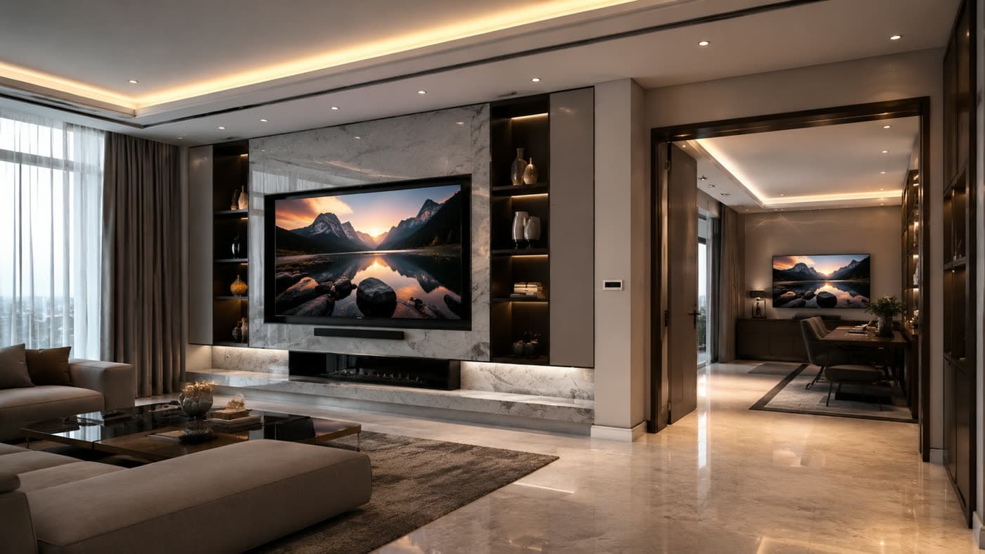 A media wall showing distributed video routed through the house
