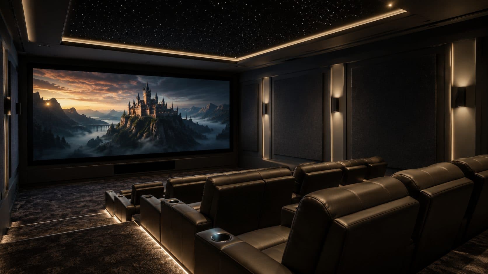 A dedicated home cinema with tiered seating and a large calibrated screen