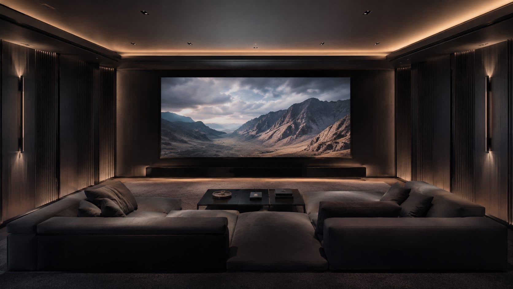 A media room with comfortable seating and a large screen for everyday use