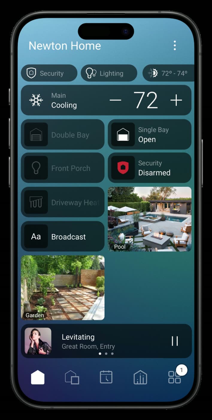 A smartphone showing a smart-home control dashboard